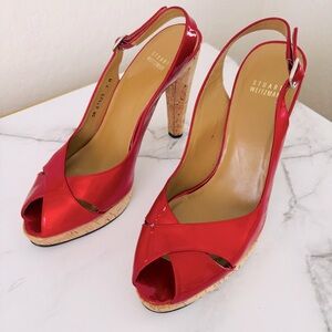 STUART WEITZMAN Authentic Women's Red Patent Leather Cork Heel Slingback Size 9